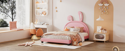 Upholstered Leather Platform Bed with Rabbit Ornament, Pink