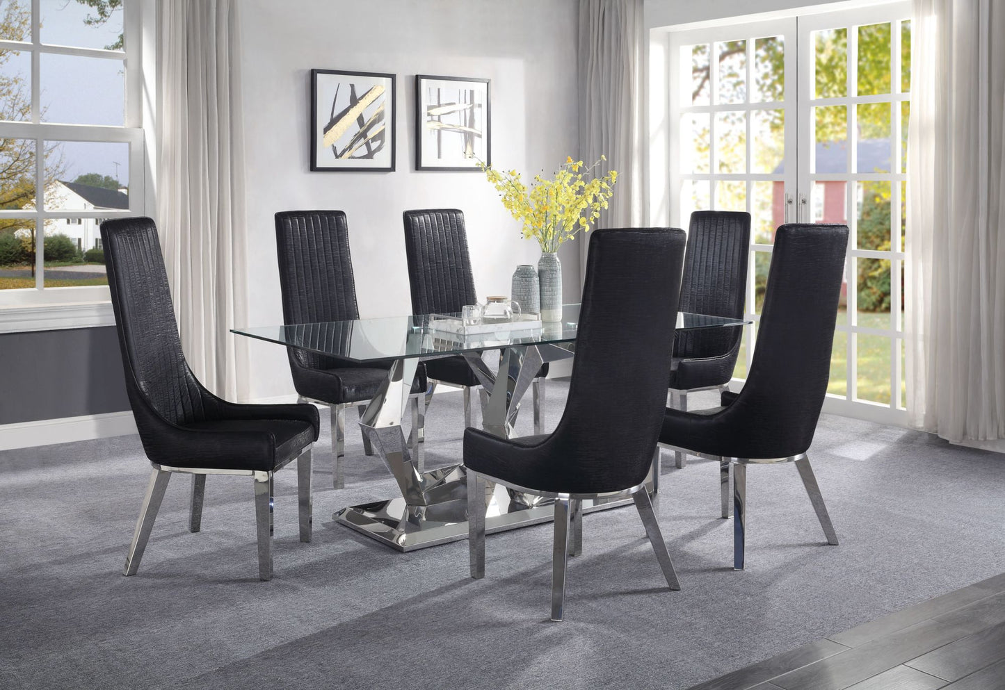 acme gianna dining table, clear glass & stainless steel