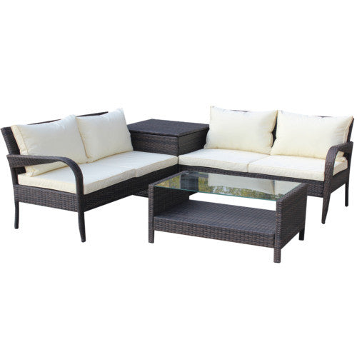 4 piece wicker rattan sofa set with storage box brown