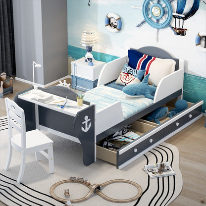Boat-Shaped Platform Bed with Two Drawers, Desk and Chair, White+Gray