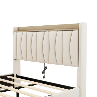 Queen Size Bed Frame with Storage Headboard and Charging Station, Beige
