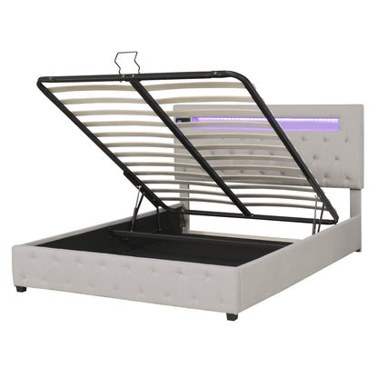 Upholstered Bed Featured with Bluetooth Audio, LED Light and USB Charging, Beige
