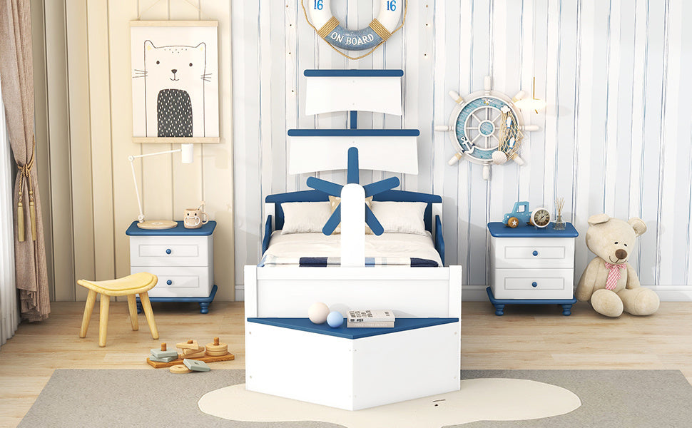 boat-shaped  bed with twin size trundle & storage, blue