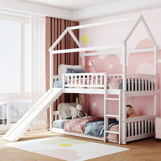 Twin Over Twin Bunk Bed with Slide, White