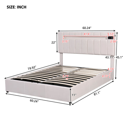 Velvet Upholstered Hydraulic Storage Bed with LED light, Bluetooth Player, and USB Charging