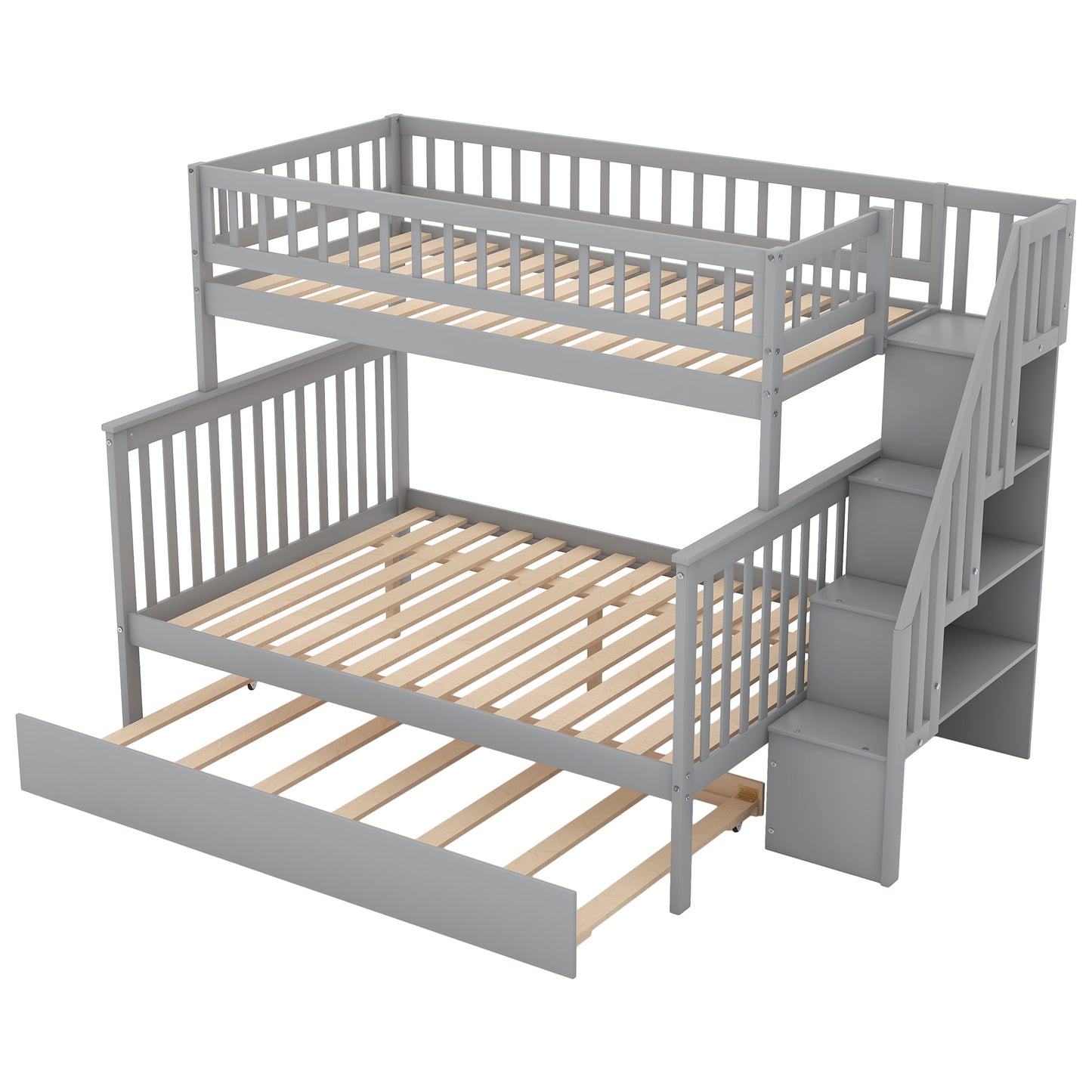 twin over full bunk bed with trundle and staircase,gray