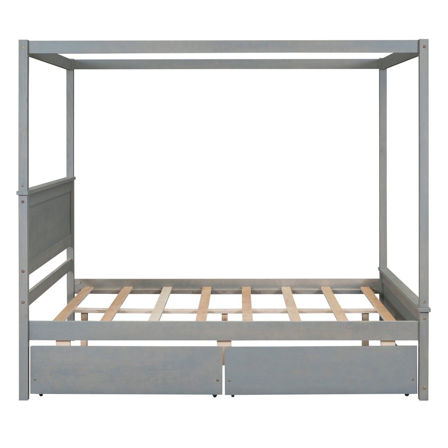 wood canopy bed with two drawers, grey