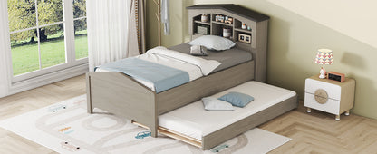 House-shaped Bed with Storage Headboard and Trundle, Gray