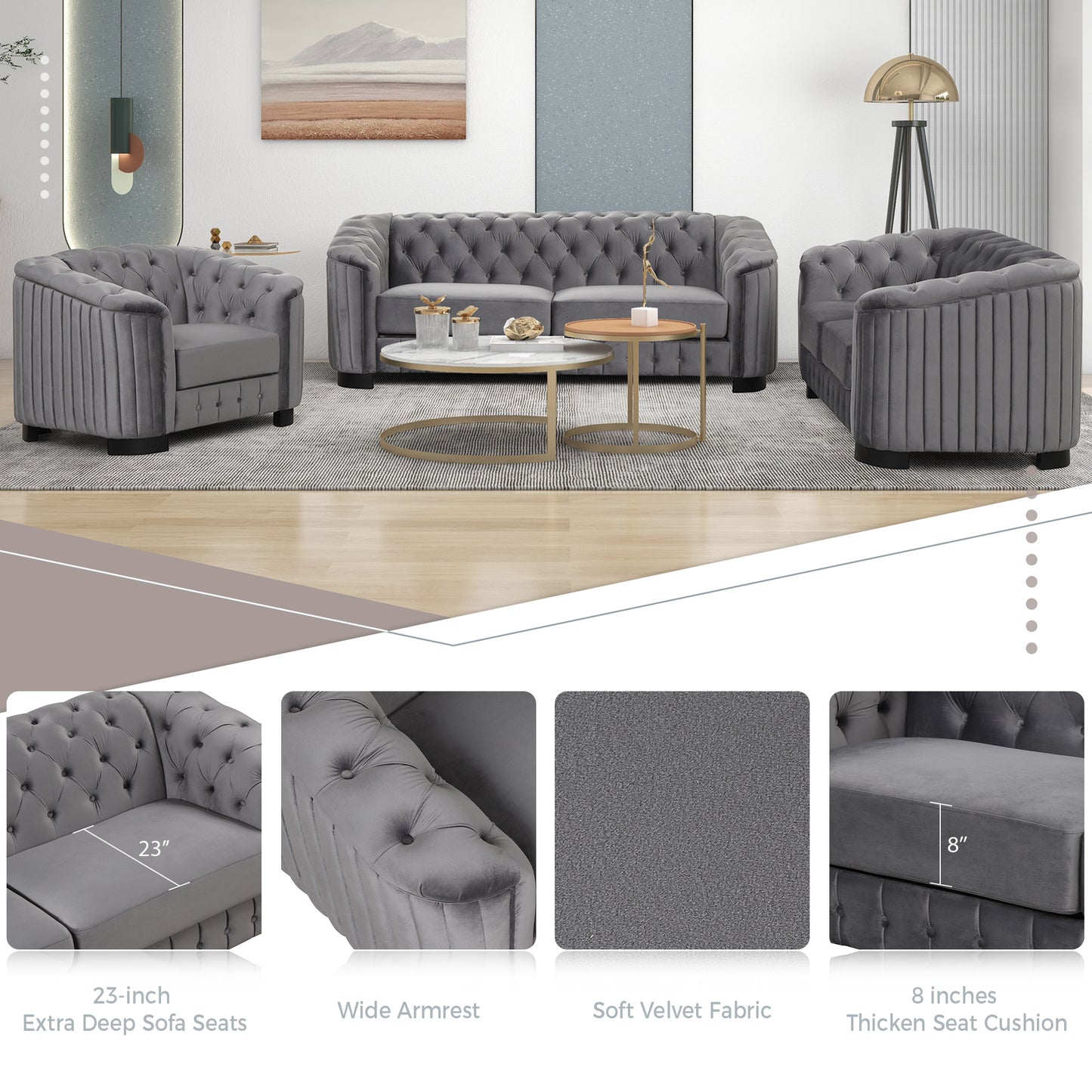 velvet upholstered sofa, grey