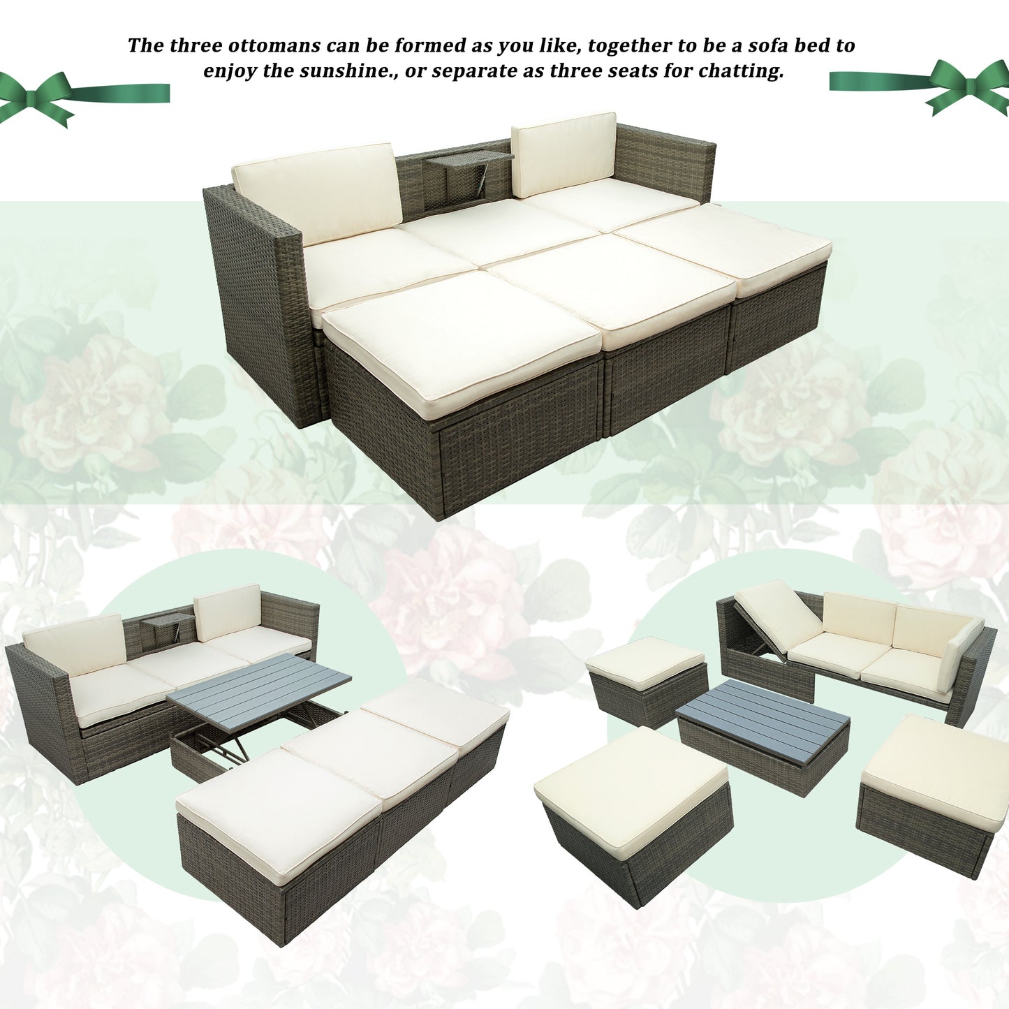 5-piece patio wicker sofa set cushions; ottomans and lift top coffee table included