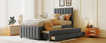 Dana Upholstered Platform Bed with Trundle and 3 Drawers, Gray