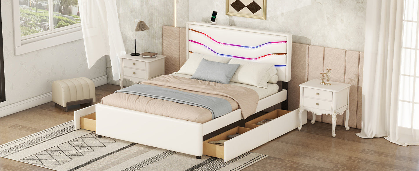 retro upholstered storage platform bed with led, 4 drawers and usb charging, white