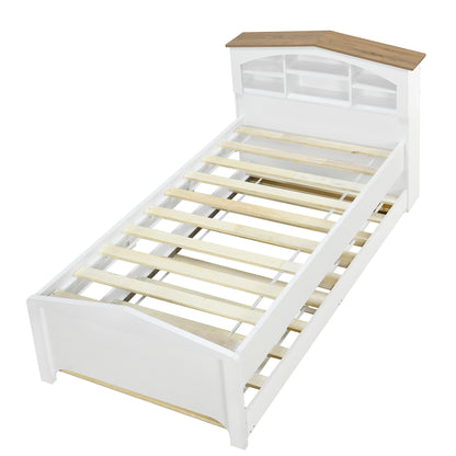 House-shaped Bed with Storage Headboard and Trundle, White