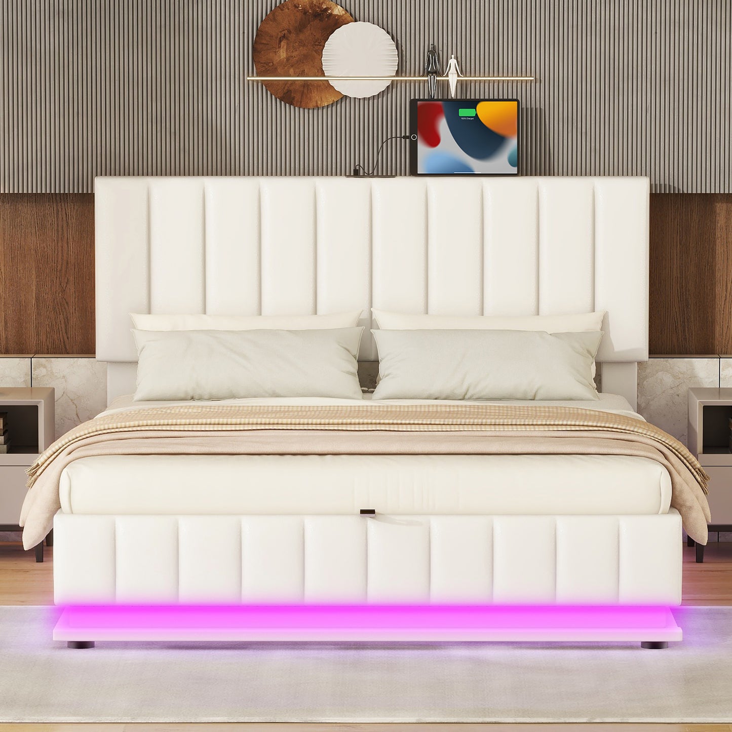 upholstered bed with hydraulic storage system and led light, sockets, and usb ports, white