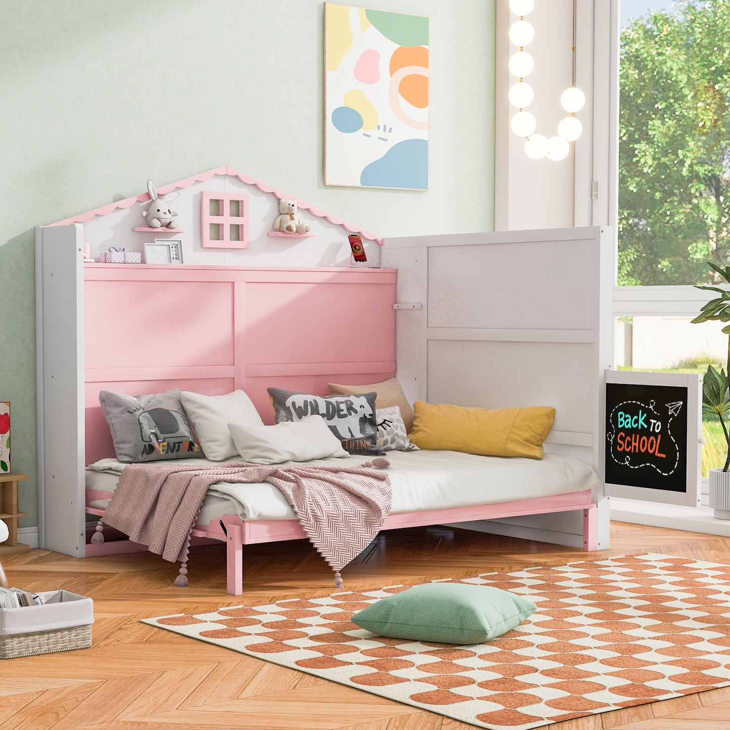 house murphy bed with usb, storage shelves and blackboard, pink+white