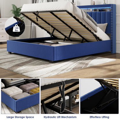 Luxury Gas Lift Storage Bed with RF LED Lights, Storage Headboard ,Velvet Blue