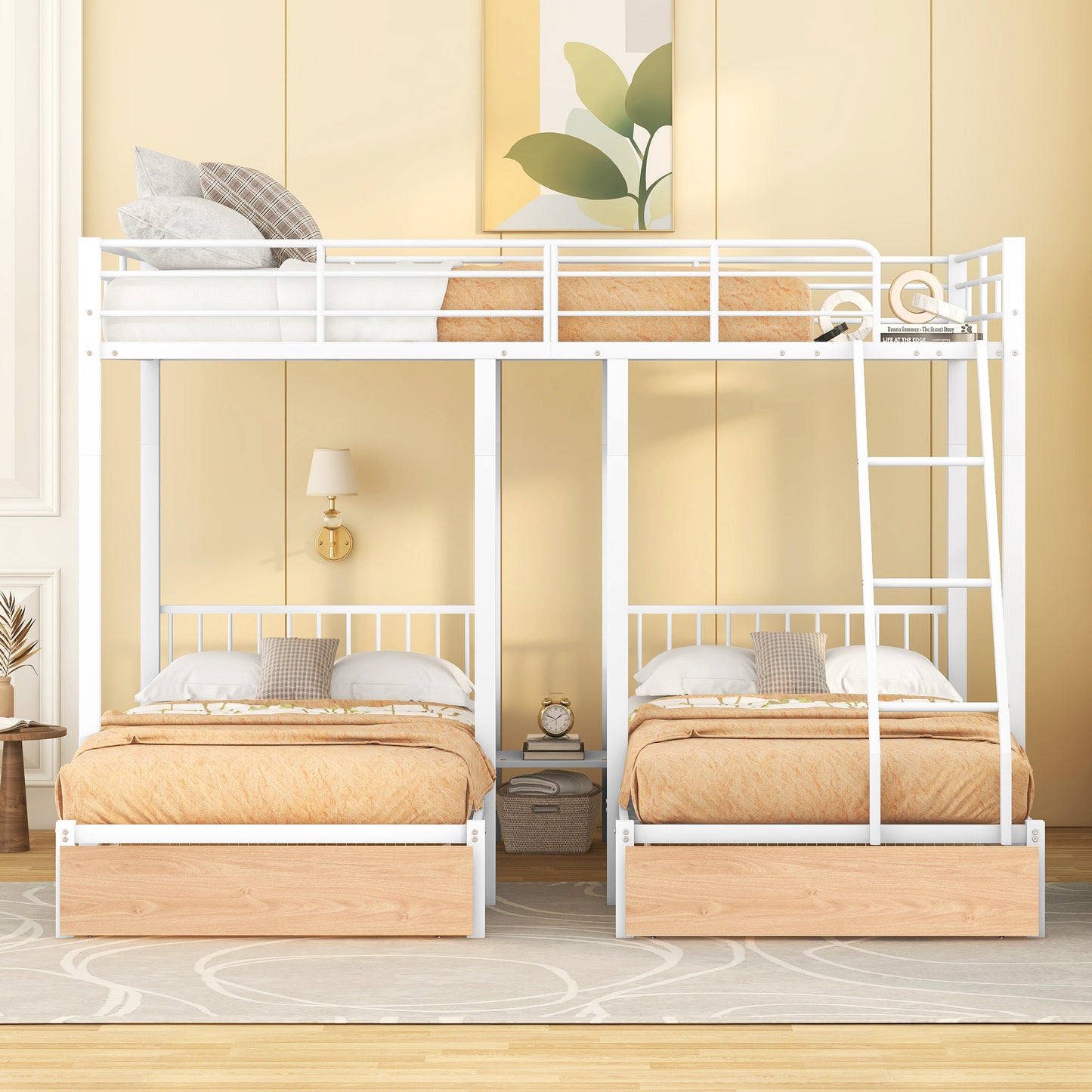 full over twin & twin bunk bed with drawers and guardrails, white