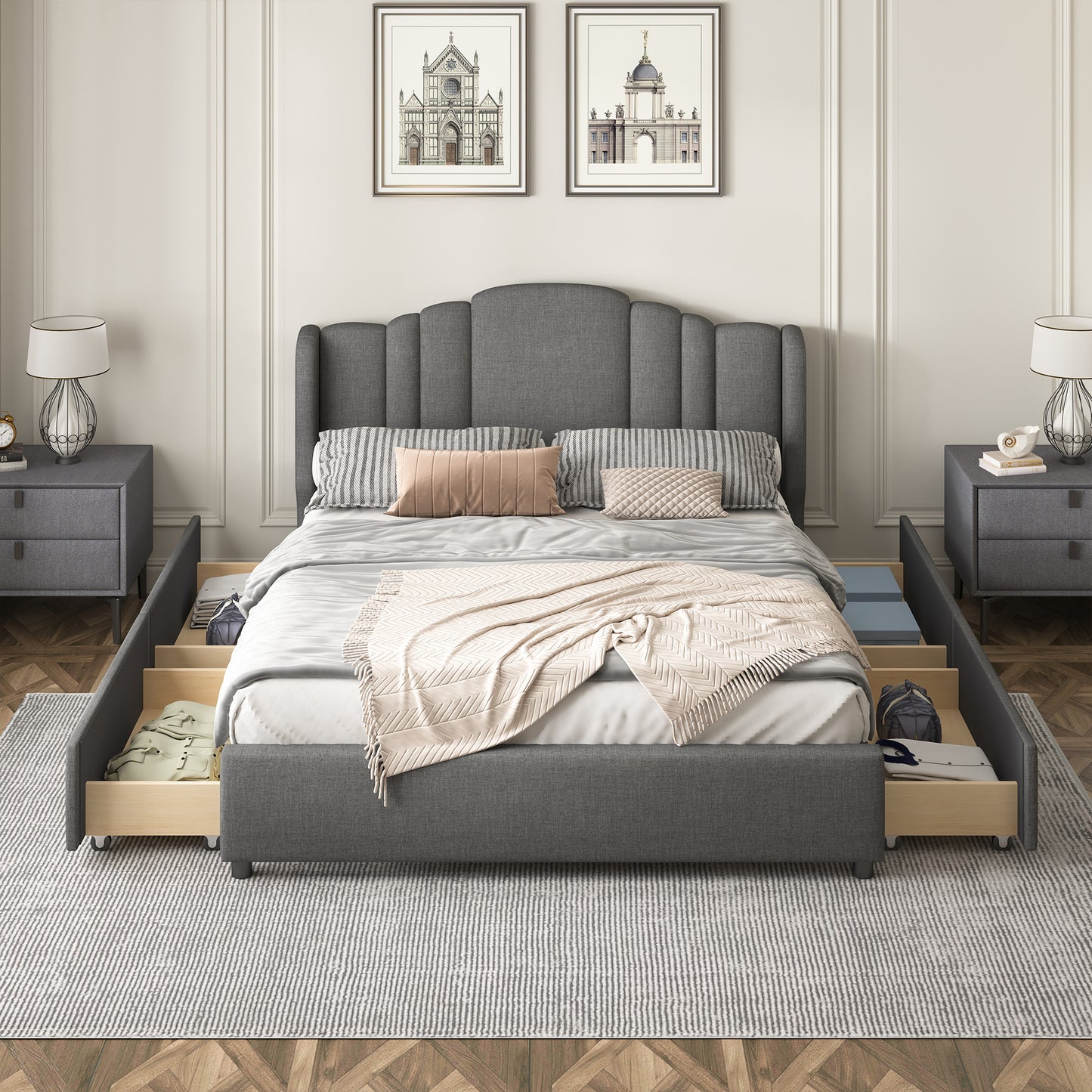 mie upholstered platform bed with wingback headboard and 4 drawers