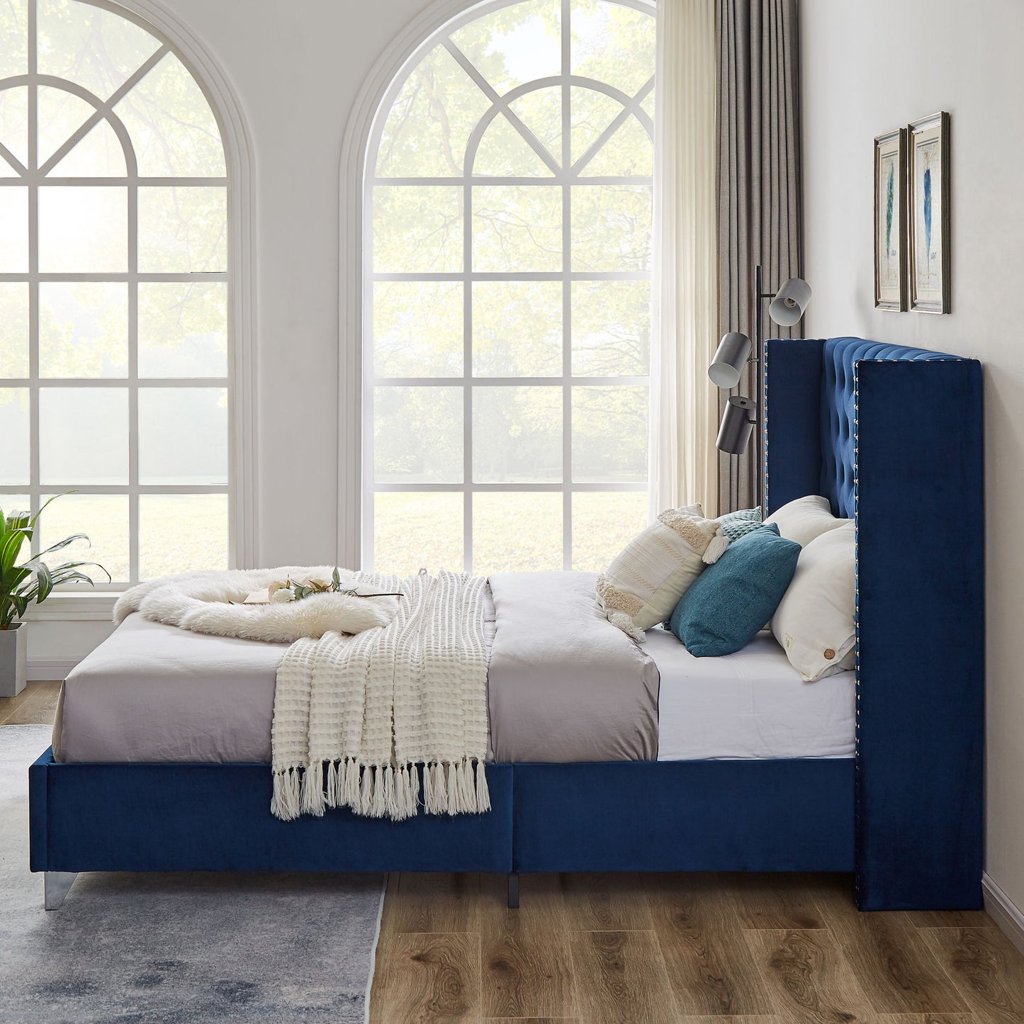 mox upholstered queen bed+ metal legs with electroplate