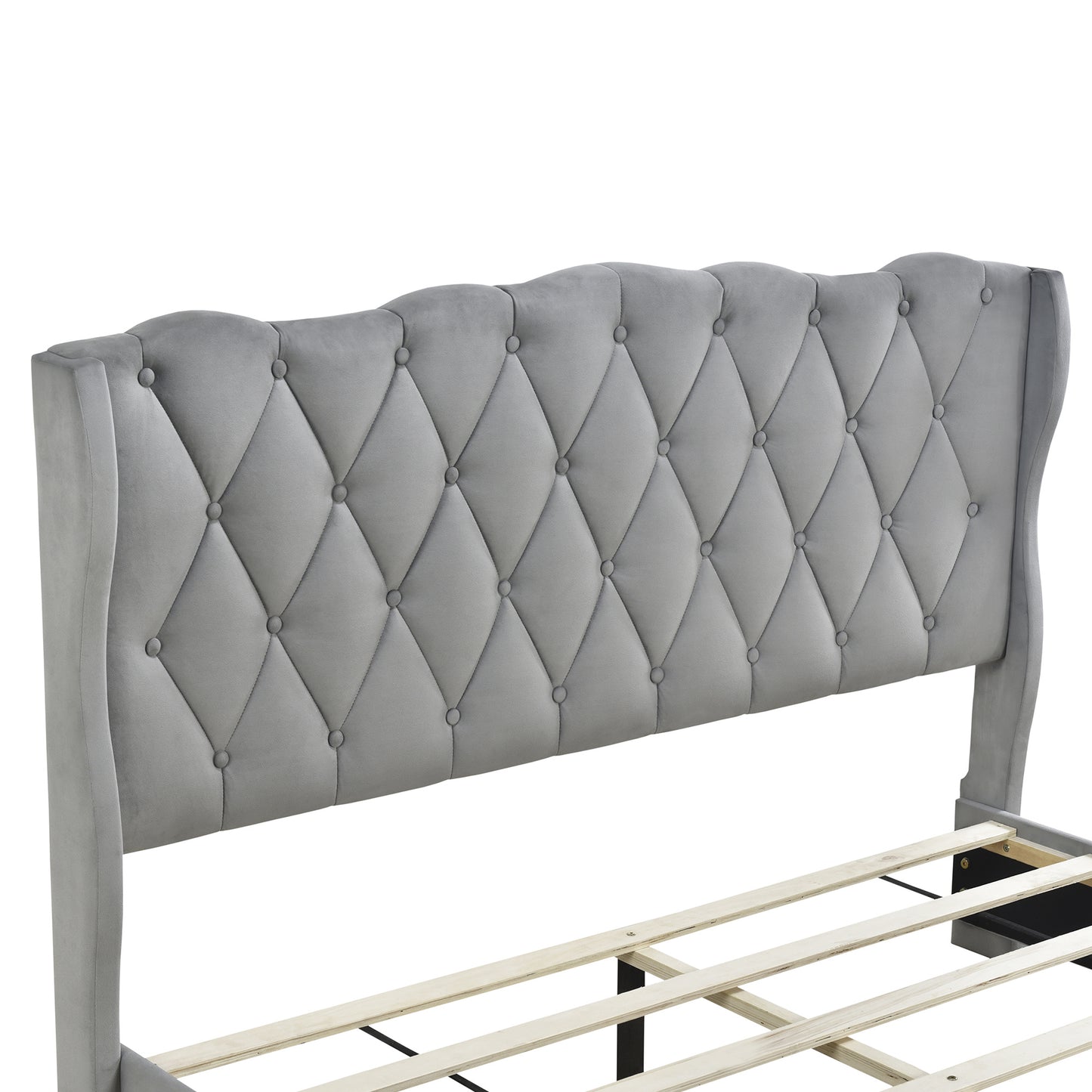 velvet upholstered platform bed with tufted headboard and 3 drawers, gray