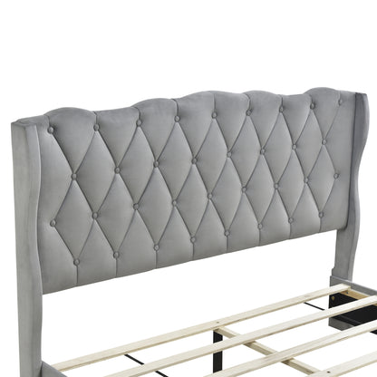 Velvet Upholstered Platform Bed with Tufted Headboard and 3 Drawers, Gray