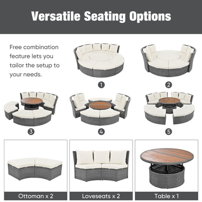 TOPMAX Patio 5-Piece Round Rattan Sectional Sofa Set, Beige