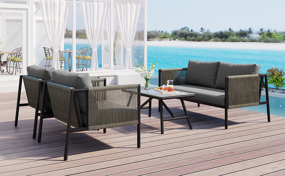 go 4-piece rope sofa set with thick cushions, gray