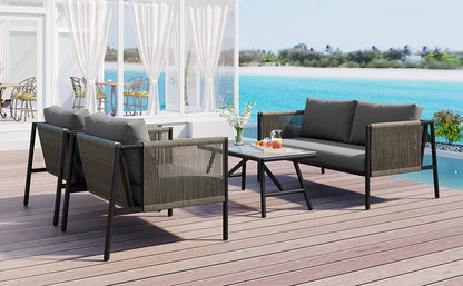 GO 4-Piece Rope Sofa Set with Thick Cushions, Gray