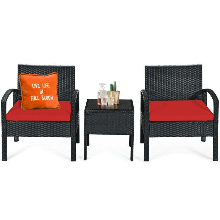 3 pieces outdoor rattan patio conversation set with seat cushions