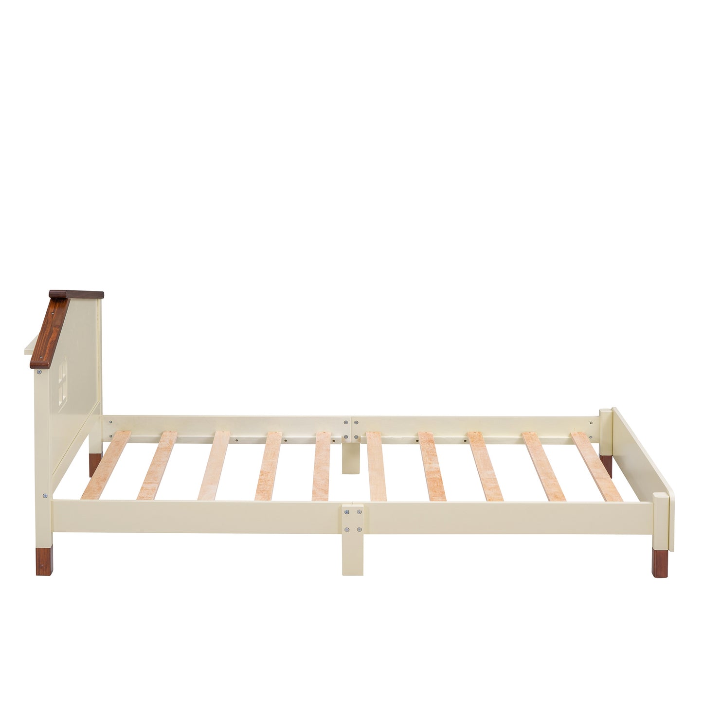 wood platform bed with house-shaped headboard (cream+walnut)