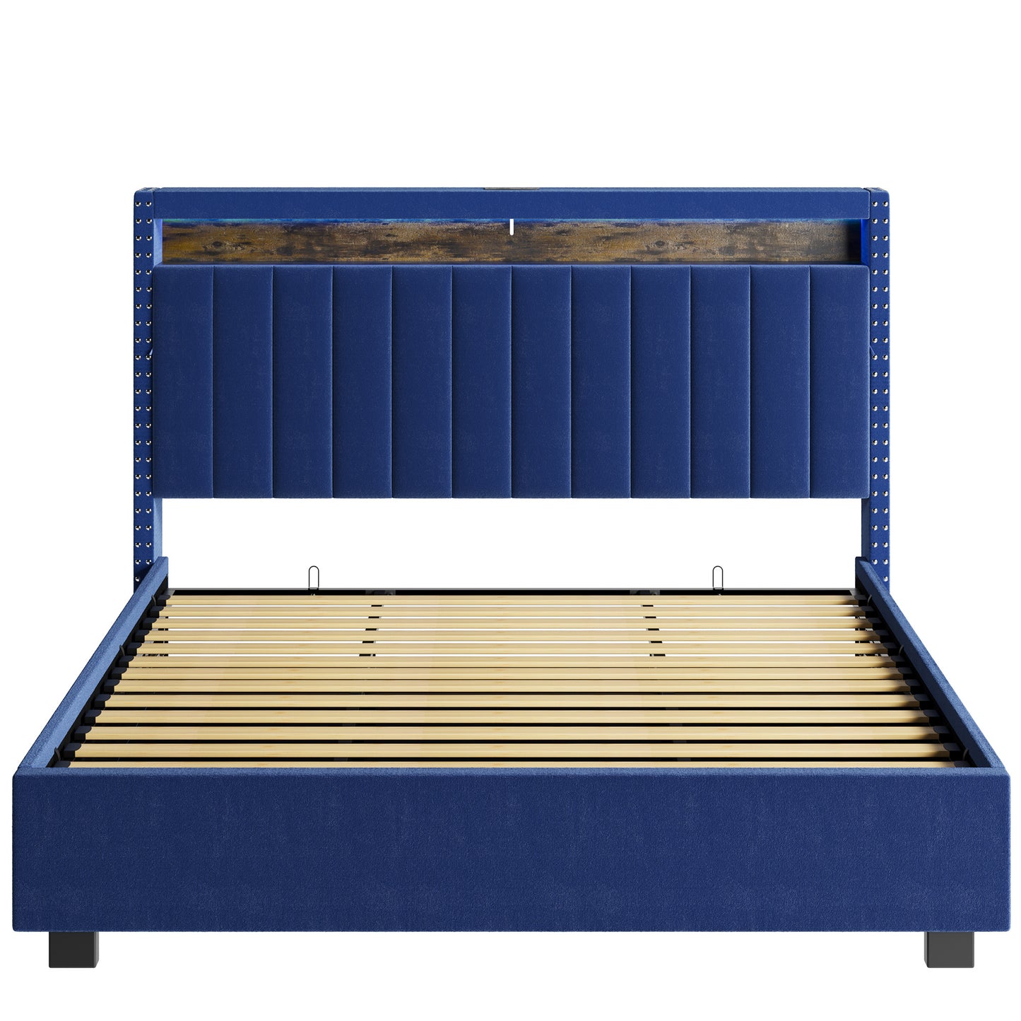 luxury gas lift storage bed with rf led lights, storage headboard ,velvet blue