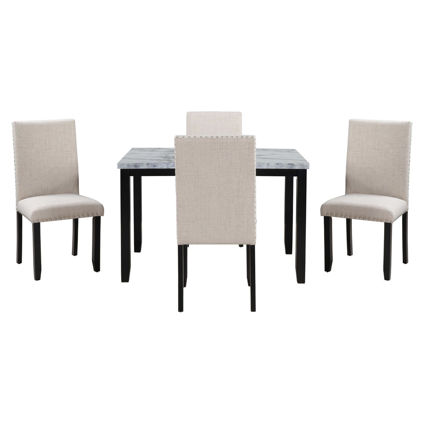 faux marble 5-piece dining table set ,white/beige+black