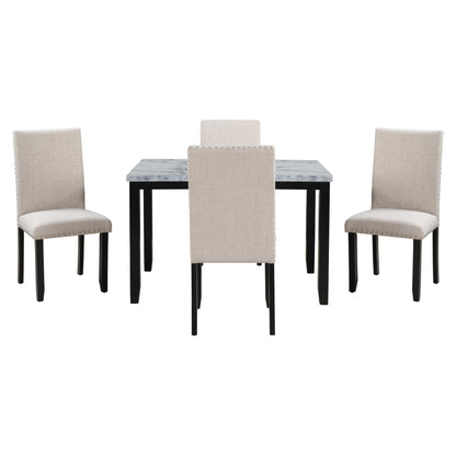 Faux Marble 5-Piece Dining Table Set ,White/Beige+Black
