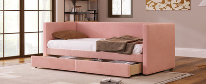 Corduroy Bed with Two Drawers and Wood Slat, Pink