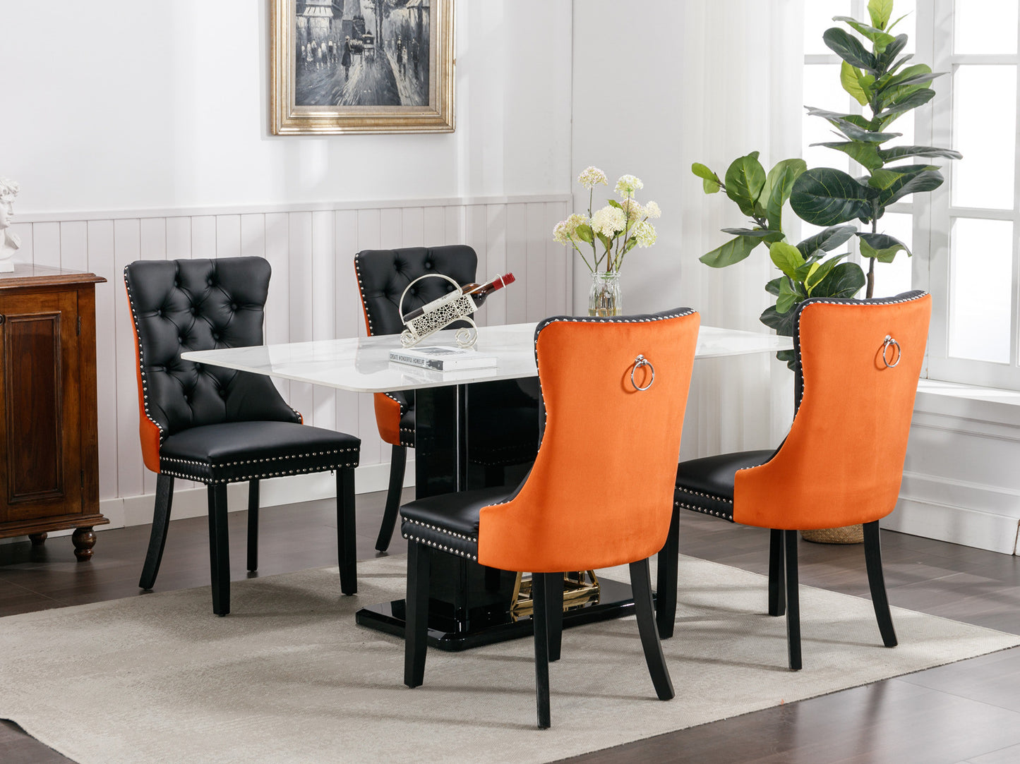nikki collection modern high-end tufted dining chairs 2-pcs set, black+orange