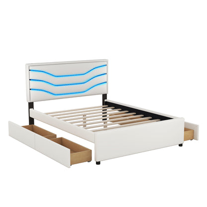 Retro Upholstered Storage Platform Bed with LED, 4 Drawers and USB Charging, White