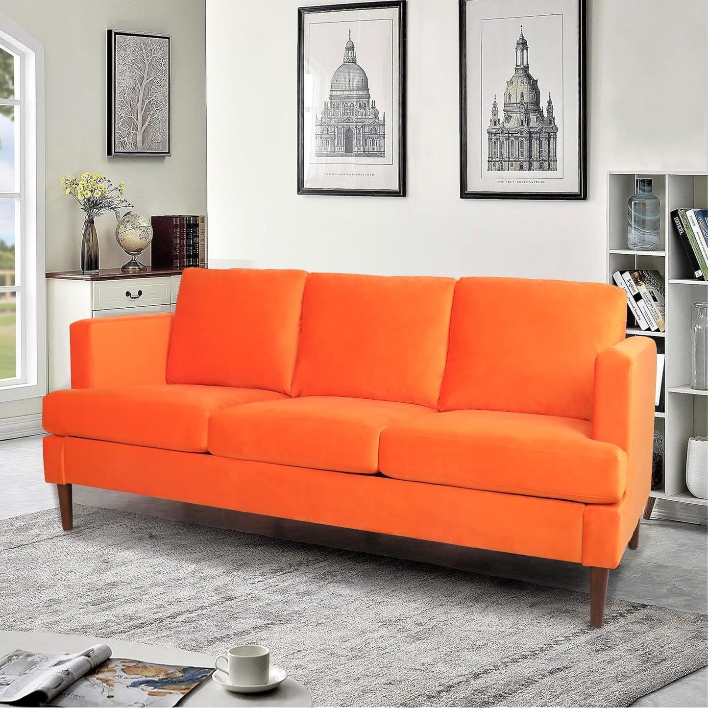 velvet tufted couch, orange
