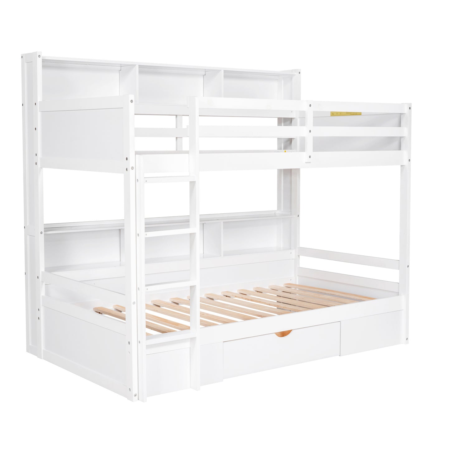 twin size bunk bed with built-in shelves, white