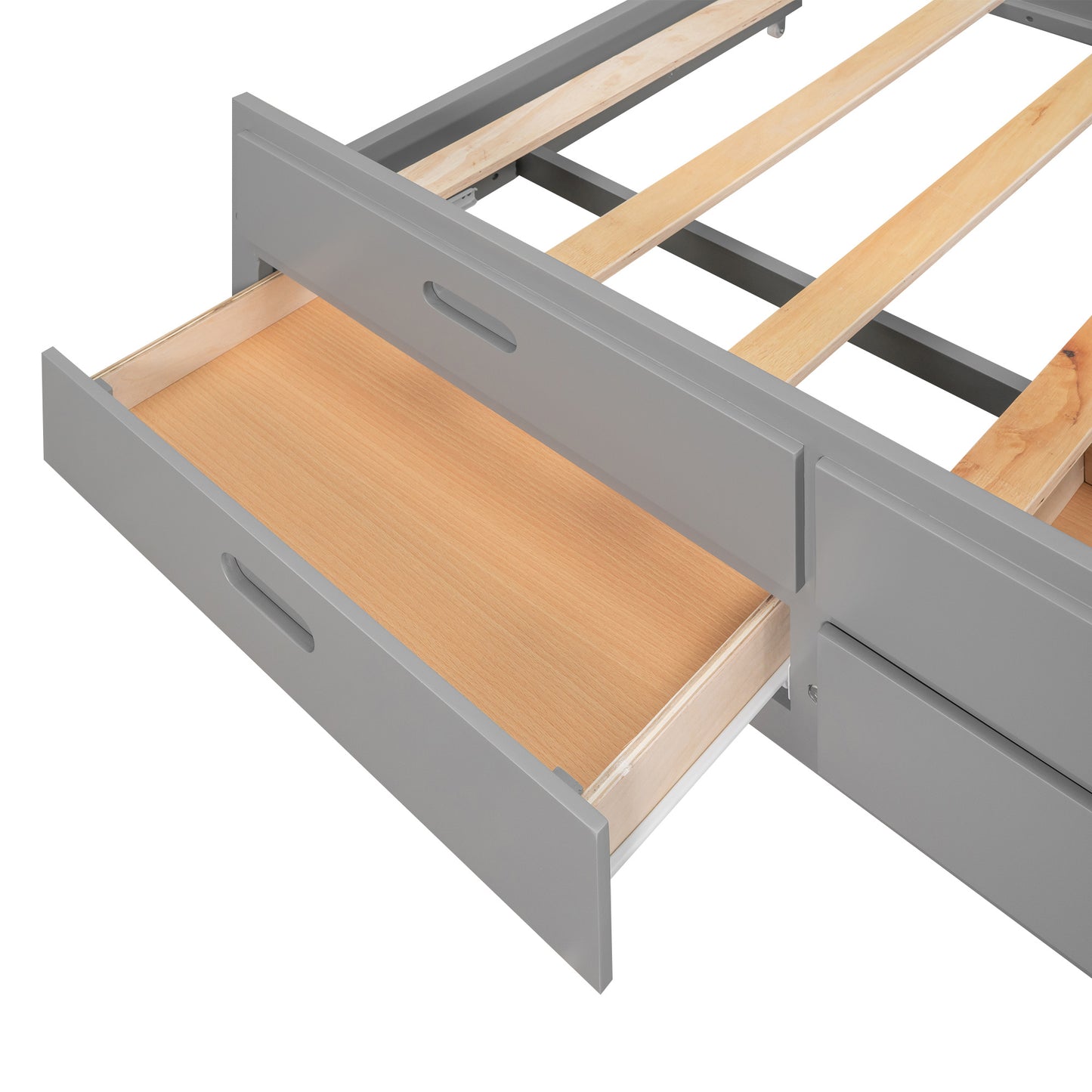 queen size canopy platform bed with twin size trundle and three storage drawers,gray