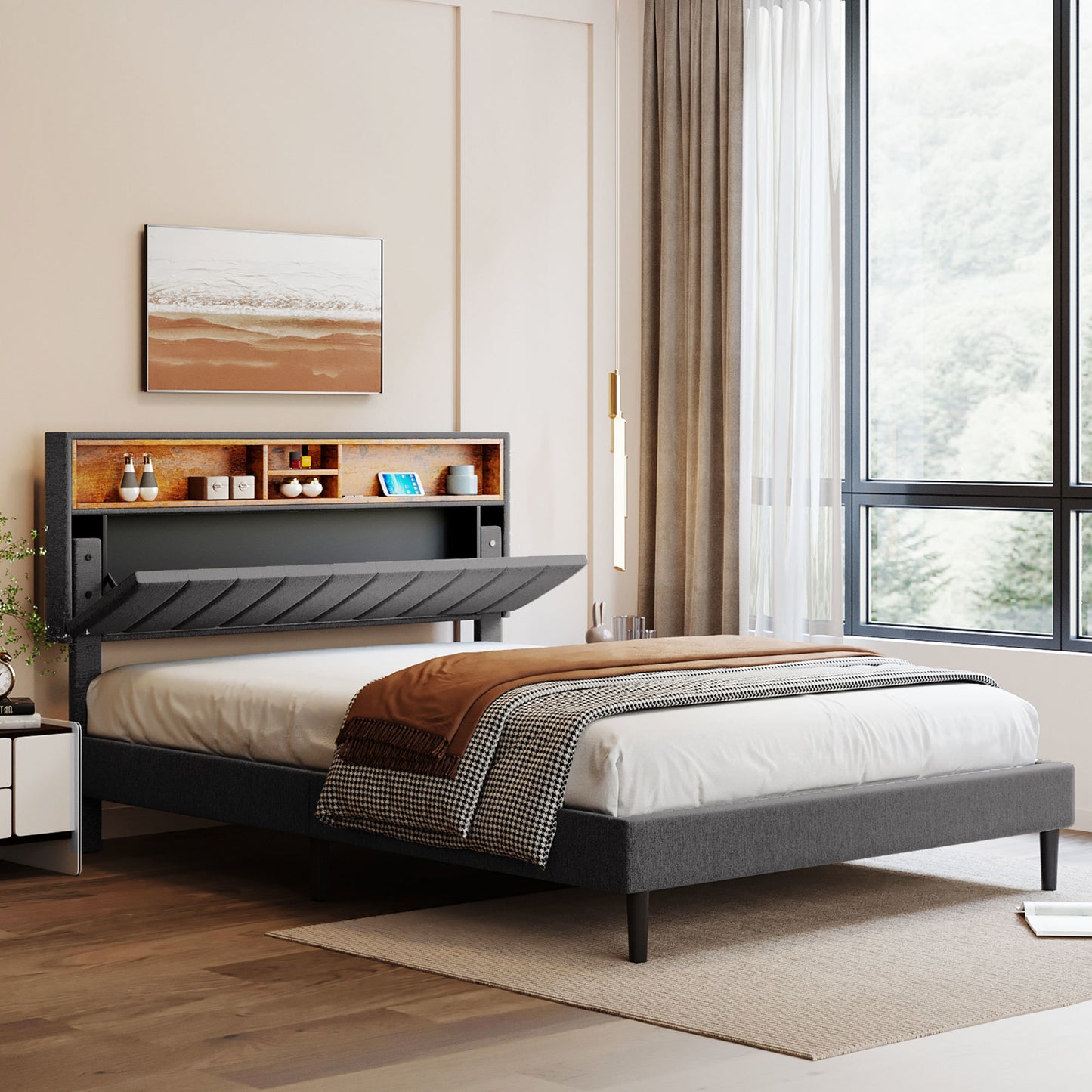 upholstered platform bed with storage headboard and usb port