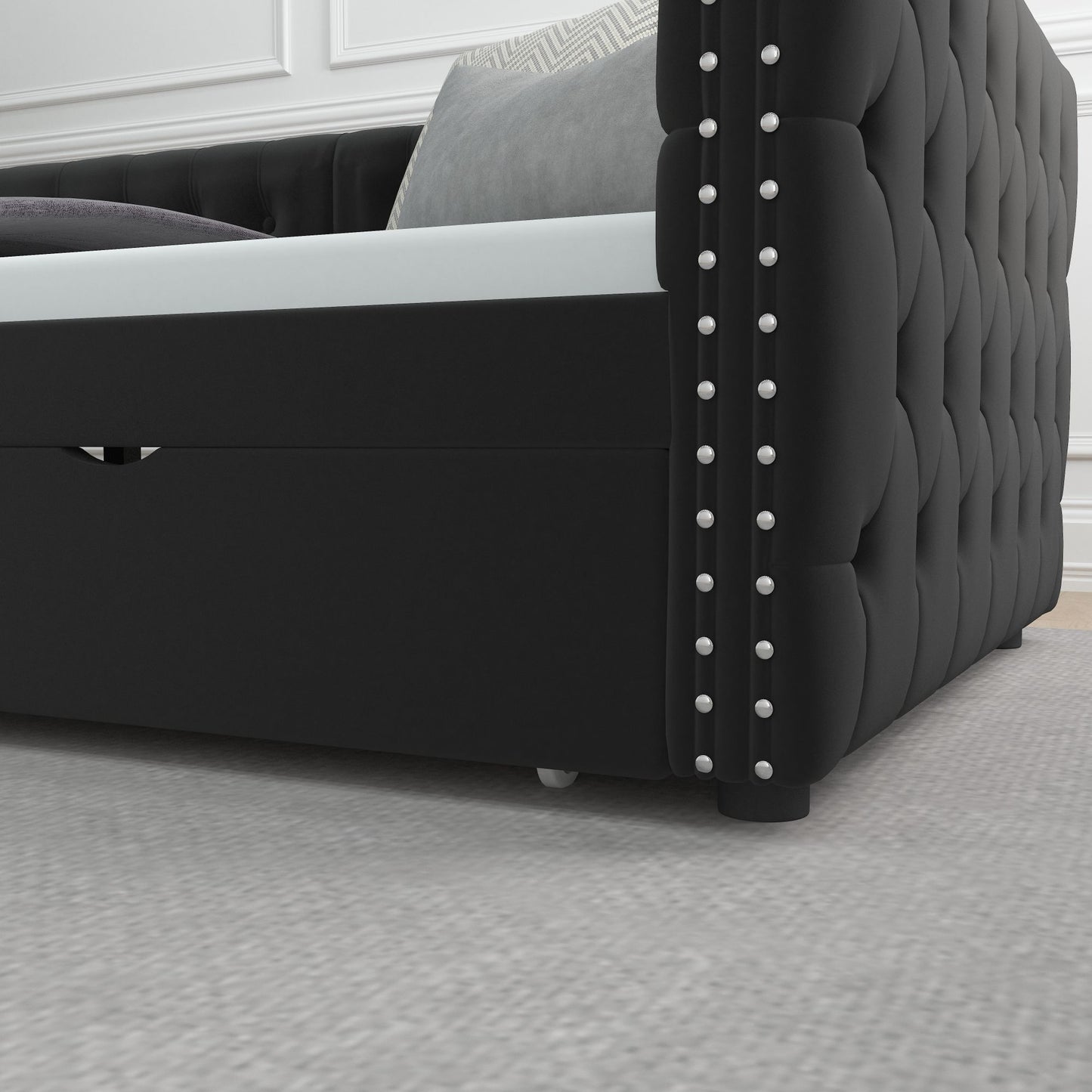 velvet upholstered tufted bed with drawers, black