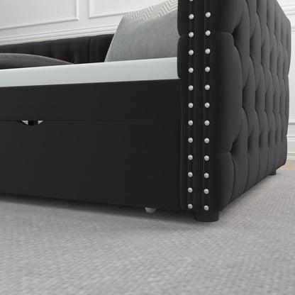 Velvet Upholstered Tufted Bed with Drawers, Black