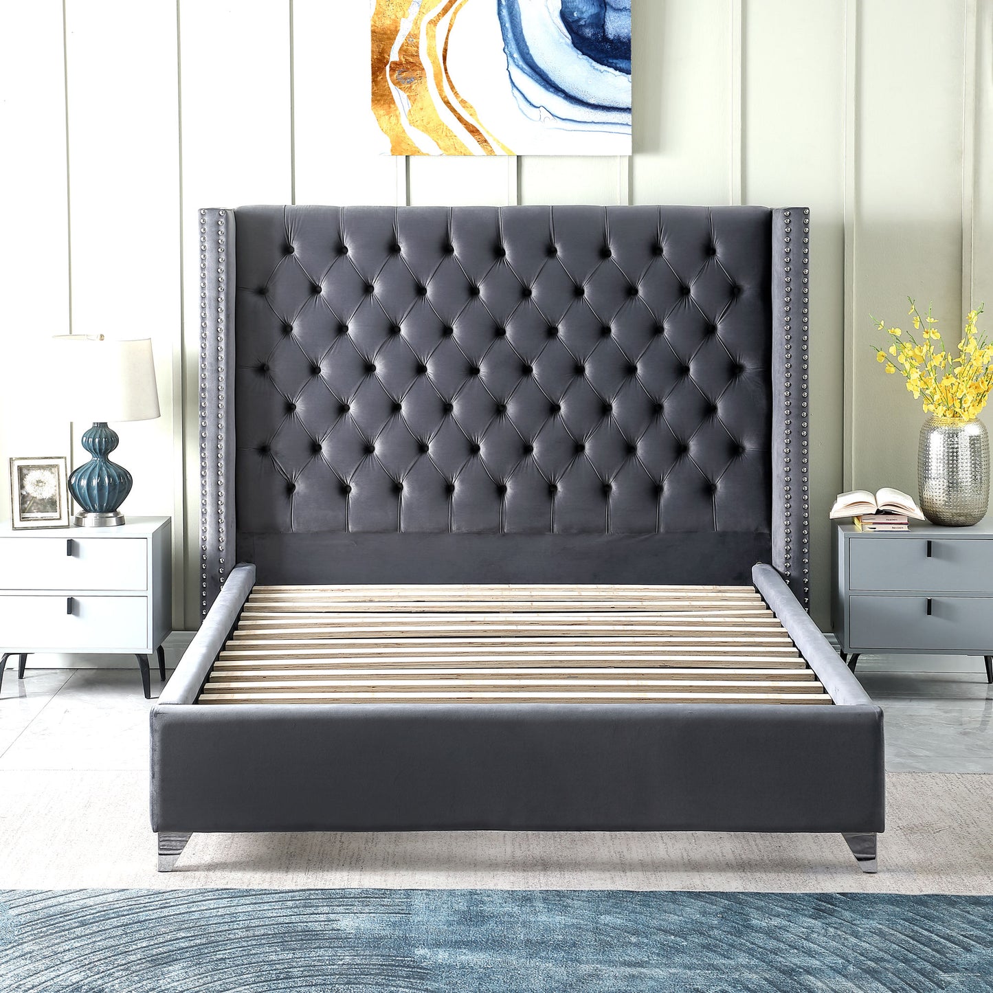 velvet upholstered bed with deep button tufting, grey