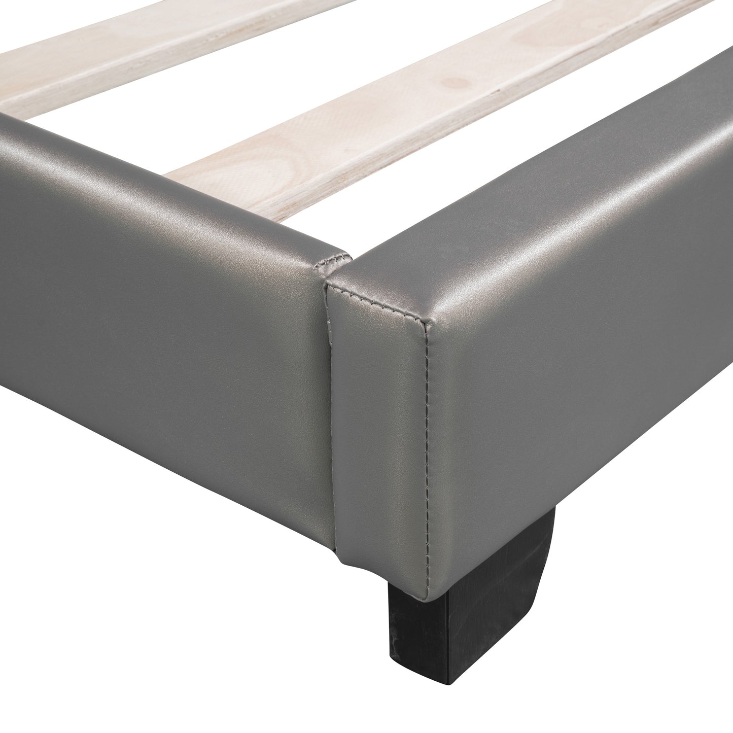 upholstered leather platform bed with rabbit ornament, gray