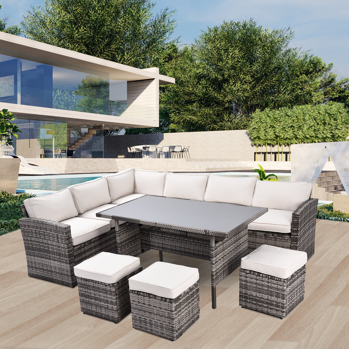 7 pieces outdoor sectional conversation sofa with dining table, chairs and ottomans, grey+beige