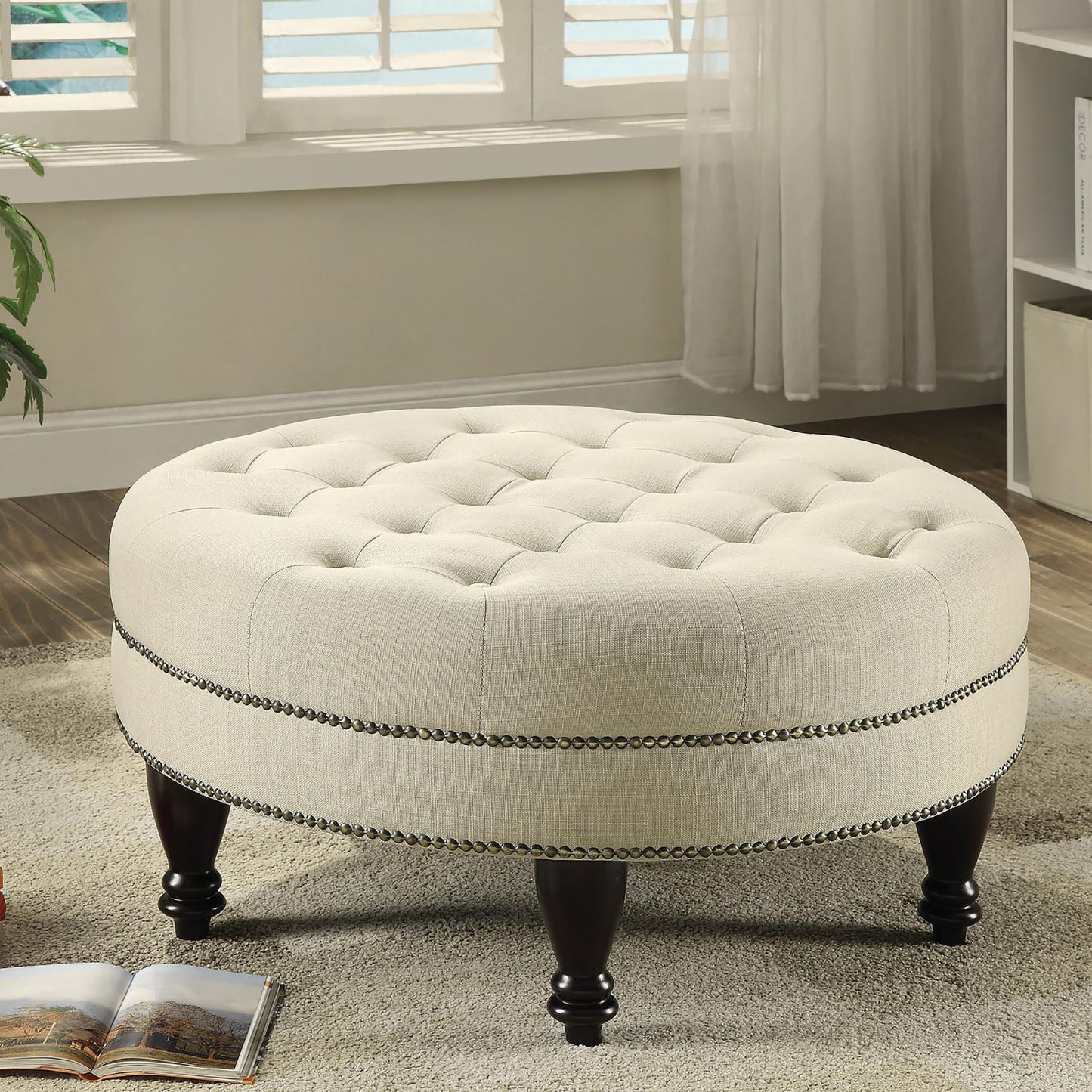 oatmeal cocktail ottoman with nailhead trim