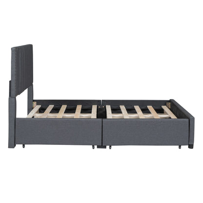 Upholstered Platform Bed with Classic Headboard and 4 Drawers, Gray
