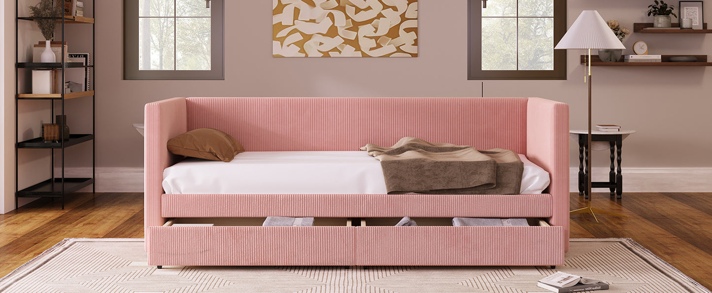 corduroy bed with two drawers and wood slat, pink