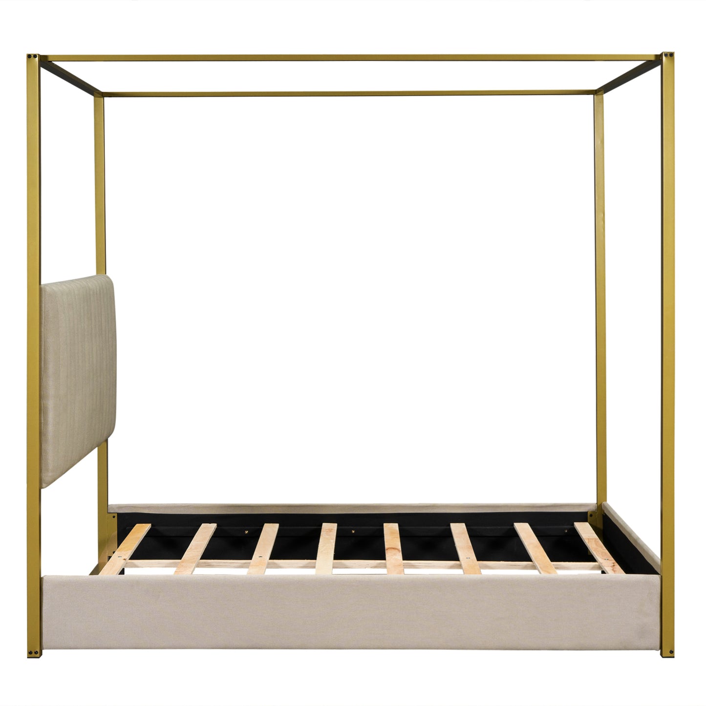 queen size upholstery canopy platform bed with headboard and metal frame, beige
