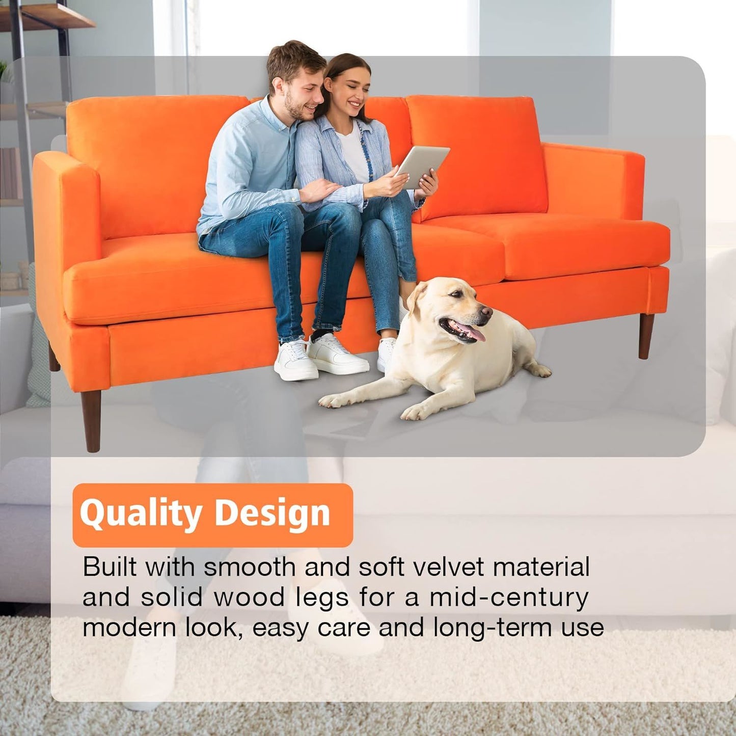 velvet tufted couch, orange